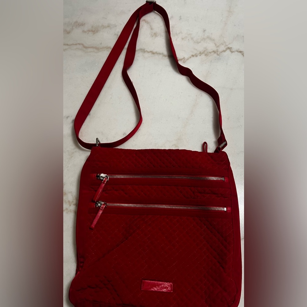 Vera Bradley Triple Zip Hipster Crossbody Bag in a quilted red microfiber fabric